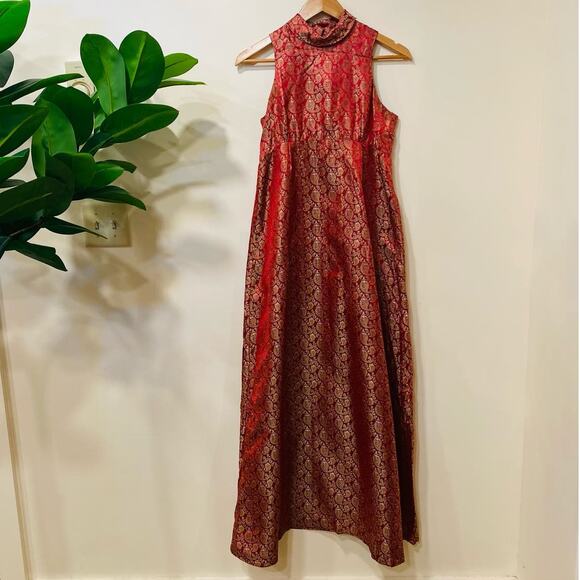 Red/Golden Brocade Maxi Dress Talón Zipper Paisley Print All over - Picture 1 of 13